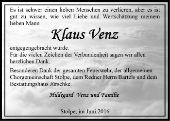 Traueranzeige von Klaus Venz von Märkische Oderzeitung