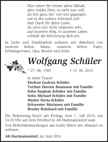 Traueranzeige von Wolfgang Schüler von Märkische Oderzeitung