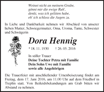 Traueranzeige von Dora Hennig von Märkische Oderzeitung