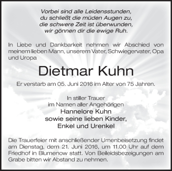 Traueranzeige von Dietmar Kuhn von Märkische Oderzeitung