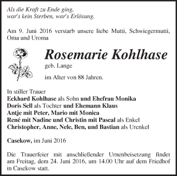 Traueranzeige von Rosemarie Kohlhase von Märkische Oderzeitung