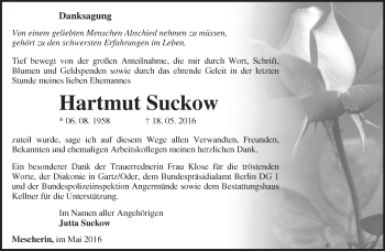 Traueranzeige von Hartmut Suckow von Märkische Oderzeitung