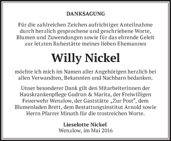 Traueranzeige von Willy Nickel von Märkische Oderzeitung