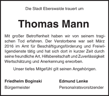 Traueranzeige von Thomas Mann von Märkische Oderzeitung