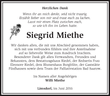 Traueranzeige von Siegrid Miethe von Märkische Oderzeitung