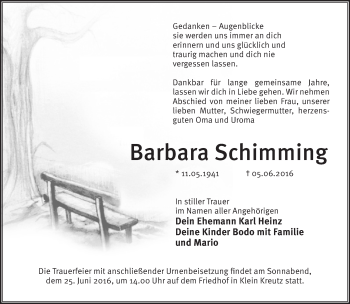 Traueranzeige von Barbara Schimming von Märkische Oderzeitung