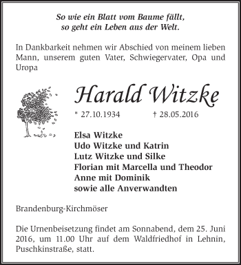 Traueranzeige von Harald Witzke von Märkische Oderzeitung