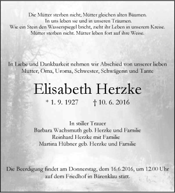 Traueranzeige von Elisabeth Herzke von Märkische Oderzeitung