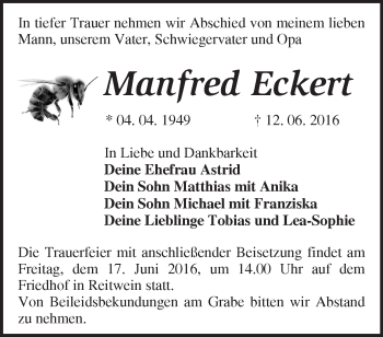 Traueranzeige von Manfred Eckert von Märkische Oderzeitung