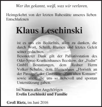 Traueranzeige von Klaus Leschinski von Märkische Oderzeitung