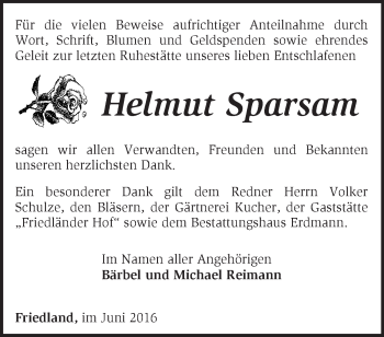 Traueranzeige von Helmut Sparsam von Märkische Oderzeitung