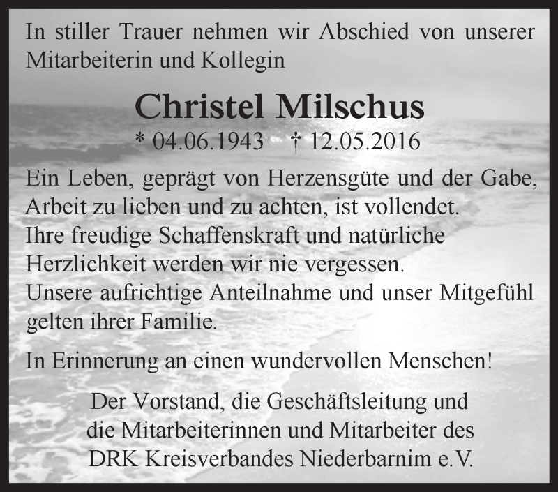  Traueranzeige für Christel Milschus vom 04.06.2016 aus Märkische Oderzeitung