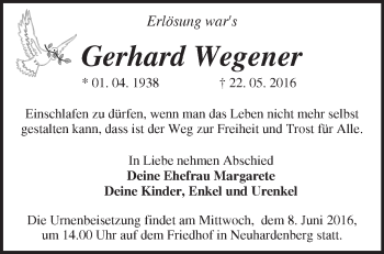 Traueranzeige von Gerhard Wegener von Märkische Oderzeitung