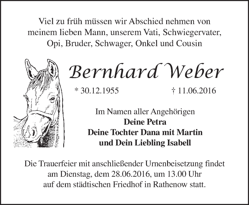  Traueranzeige für Bernhard Weber vom 19.06.2016 aus Märkische Oderzeitung