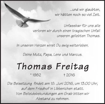 Traueranzeige von Thomas Freitag von Märkische Oderzeitung