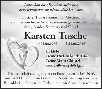 Traueranzeige von Karsten Tusche von Märkische Oderzeitung