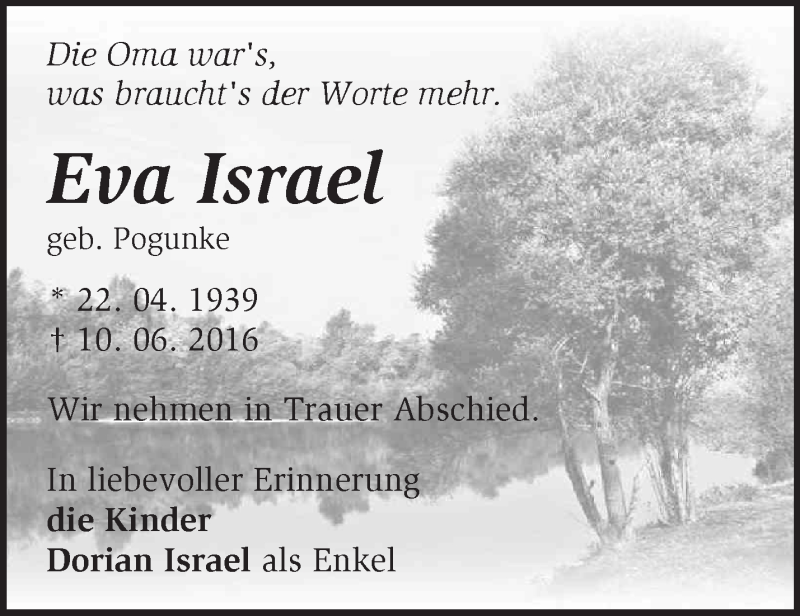  Traueranzeige für Eva Israel vom 26.06.2016 aus Märkische Oderzeitung