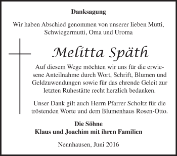 Traueranzeige von Melitta Späth von Märkische Oderzeitung