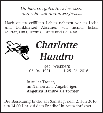 Traueranzeige von Charlotte Handro von Märkische Oderzeitung