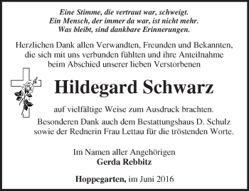 Traueranzeige von Hildegard Schwarz von Märkische Oderzeitung