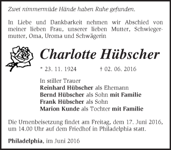 Traueranzeige von Charlotte Hübscher von Märkische Oderzeitung