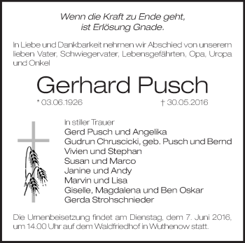 Traueranzeige von Gerhard Pusch von Märkische Oderzeitung