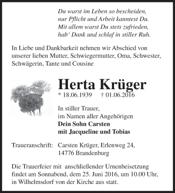 Traueranzeige von Herta Krüger von Märkische Oderzeitung