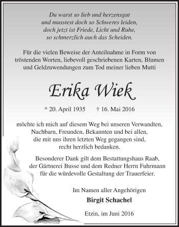 Traueranzeige von Erika Wiek von Märkische Oderzeitung