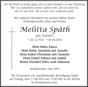 Traueranzeige von Melitta Späth von Märkische Oderzeitung