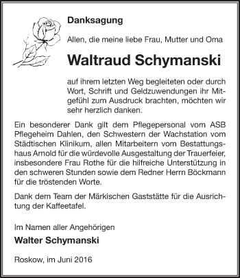 Traueranzeige von Waltraud Schymanski von Märkische Oderzeitung