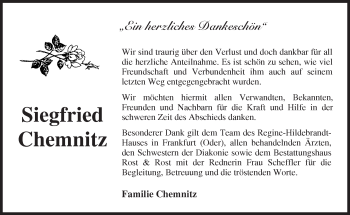 Traueranzeige von Siegfried Chemnitz von Märkische Oderzeitung