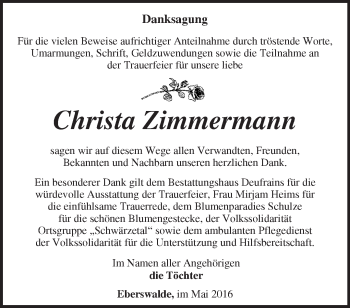 Traueranzeige von Christa Zimmermann von Märkische Oderzeitung