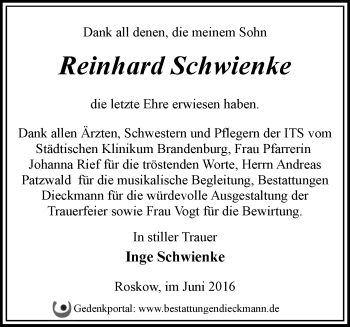 Traueranzeige von Reinhard Schwienke von Märkische Oderzeitung