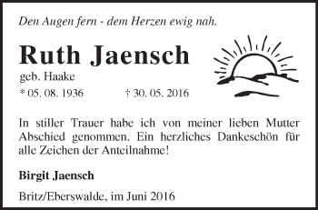 Traueranzeige von Ruth Jaensch von Märkische Oderzeitung