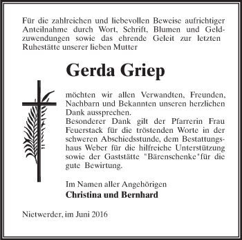 Traueranzeige von Gerda Griep von Märkische Oderzeitung