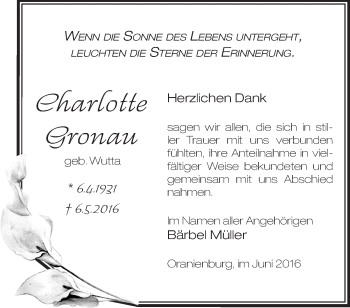 Traueranzeige von Charlotte Gronau von Märkische Oderzeitung