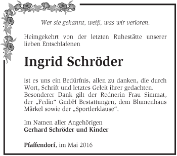 Traueranzeige von Ingrid Schröder von Märkische Oderzeitung