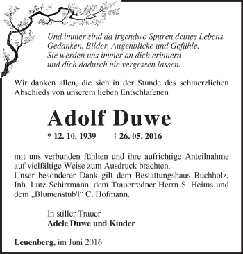 Traueranzeige von Adolf Duwe von Märkische Oderzeitung