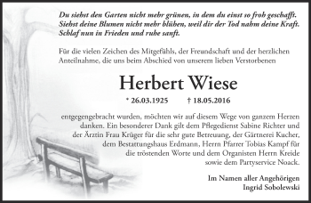 Traueranzeige von Herbert Wiese von Märkische Oderzeitung