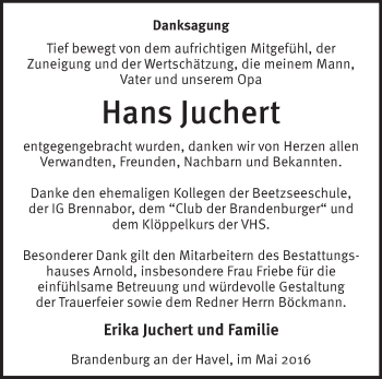 Traueranzeige von Hans Juchert von Märkische Oderzeitung