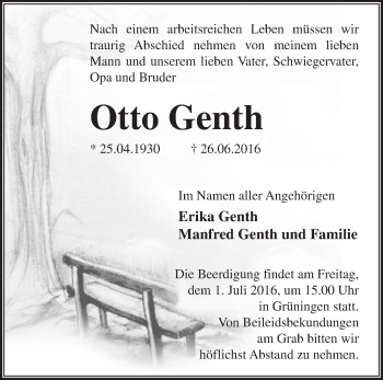 Traueranzeige von Otto Genth von Märkische Oderzeitung