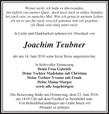 Traueranzeige von Joachim Teubner von Märkische Oderzeitung