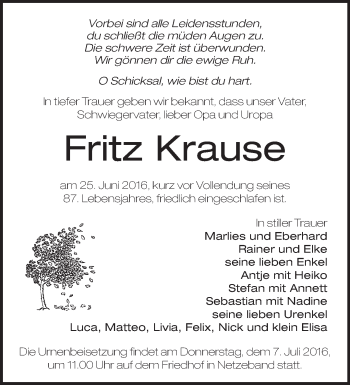 Traueranzeige von Fritz Krause von Märkische Oderzeitung