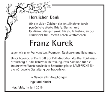 Traueranzeige von Franz Kurek von Märkische Oderzeitung