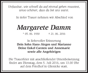 Traueranzeige von Margarete Damm von Märkische Oderzeitung