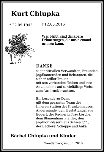 Traueranzeige von Kurt Chlupka von Märkische Oderzeitung