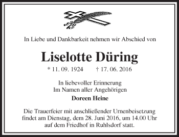 Traueranzeige von Liselotte Düring von Märkische Oderzeitung