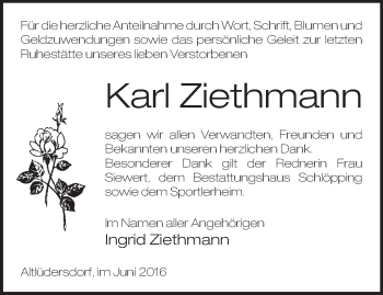 Traueranzeige von Karl Ziethmann von Märkische Oderzeitung