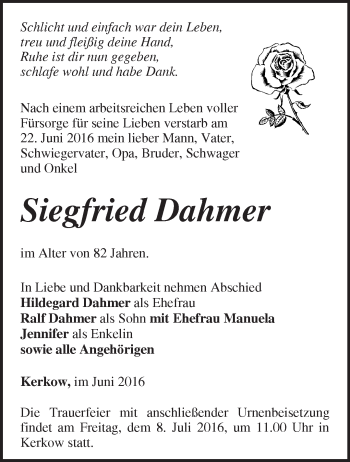 Traueranzeige von Siegfried Dahmer von Märkische Oderzeitung