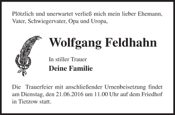 Traueranzeige von Wolfgang Feldhahn von Märkische Oderzeitung